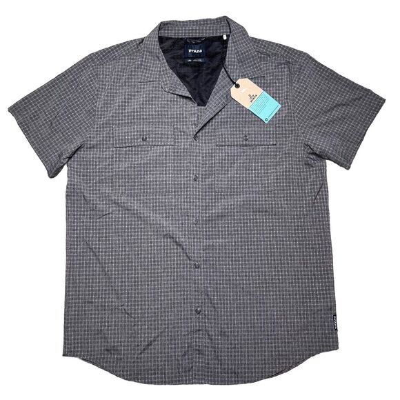 prAna Garvan Shirt Mens Large Gray Plaid Short Sleeve Vented Outdoor Hiking - Picture 1 of 10